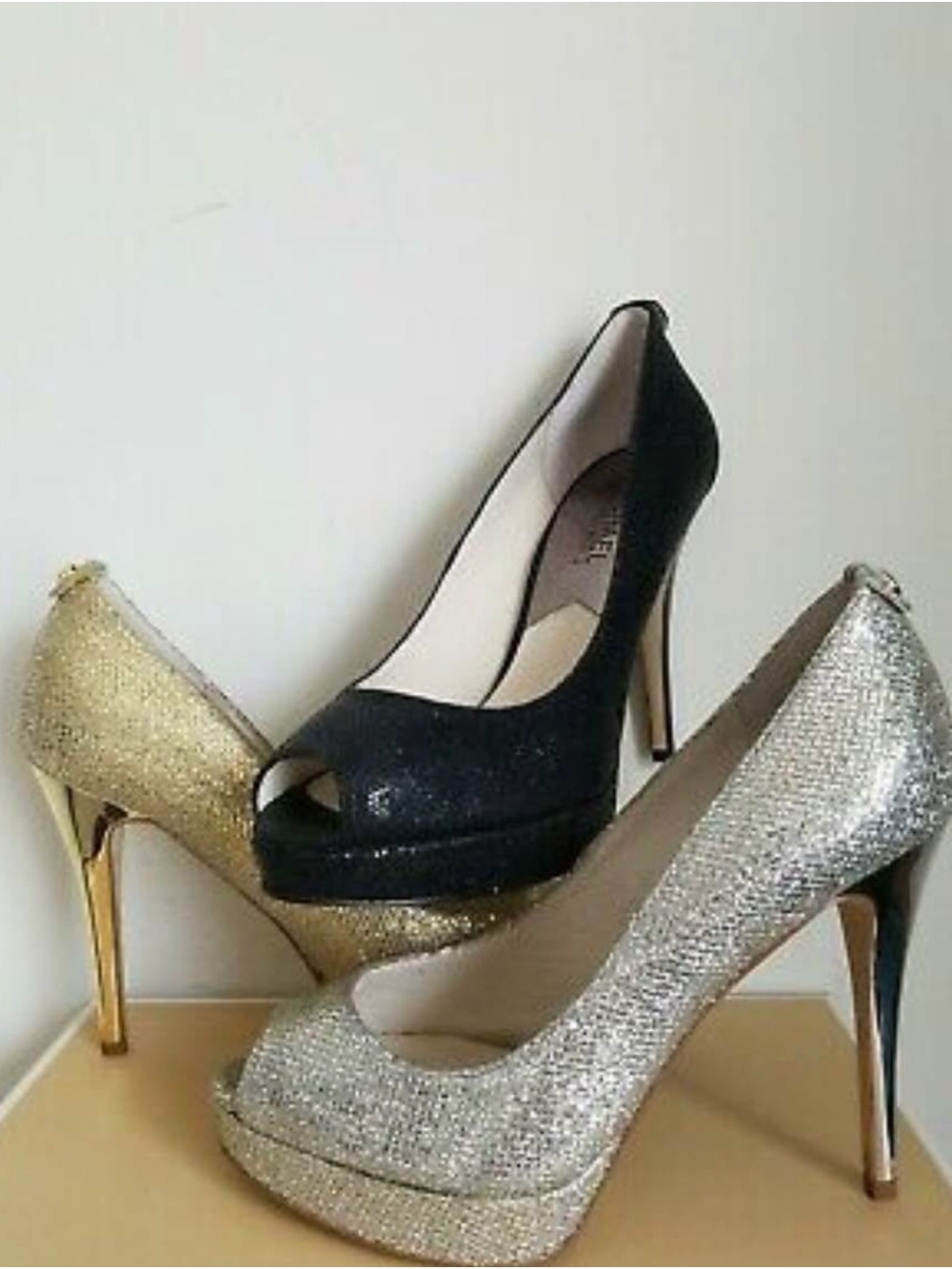 Stunning Metallic Silver Glitter Platform Peep-Toe Pumps